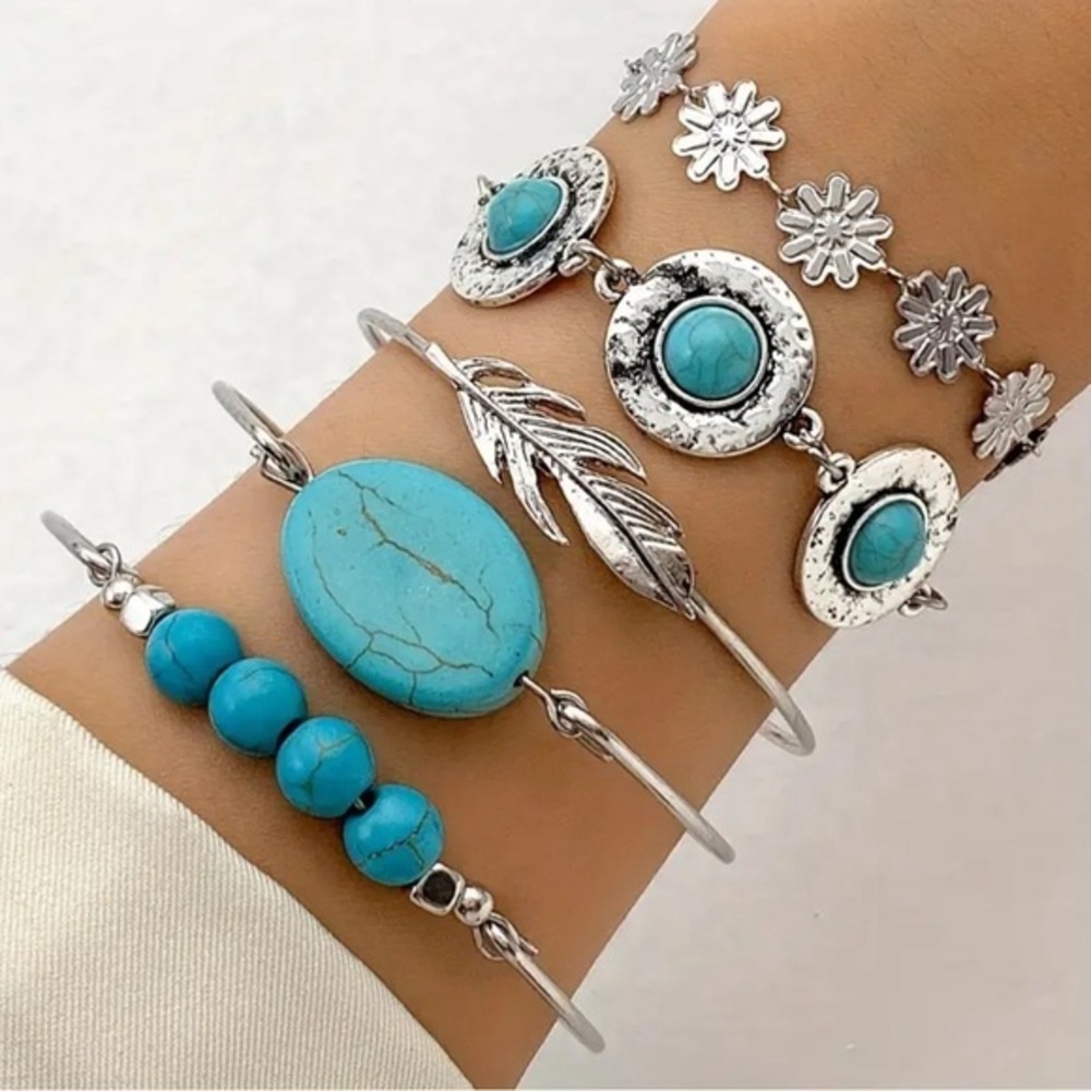 Set of 5 bracelets-boho style- turquoise